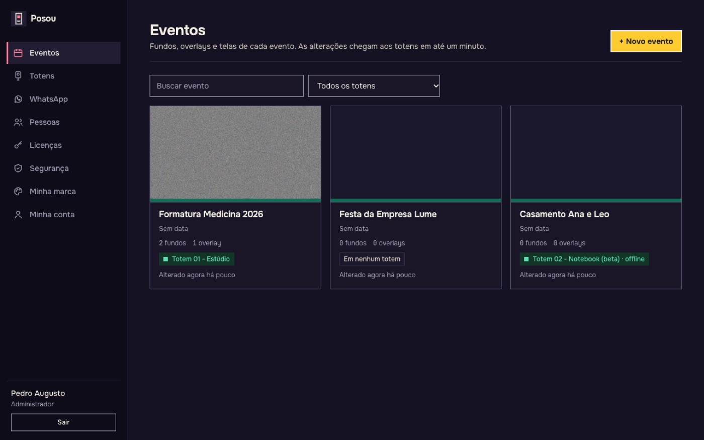 Painel do Posou com a lista de eventos e os totens de cada um